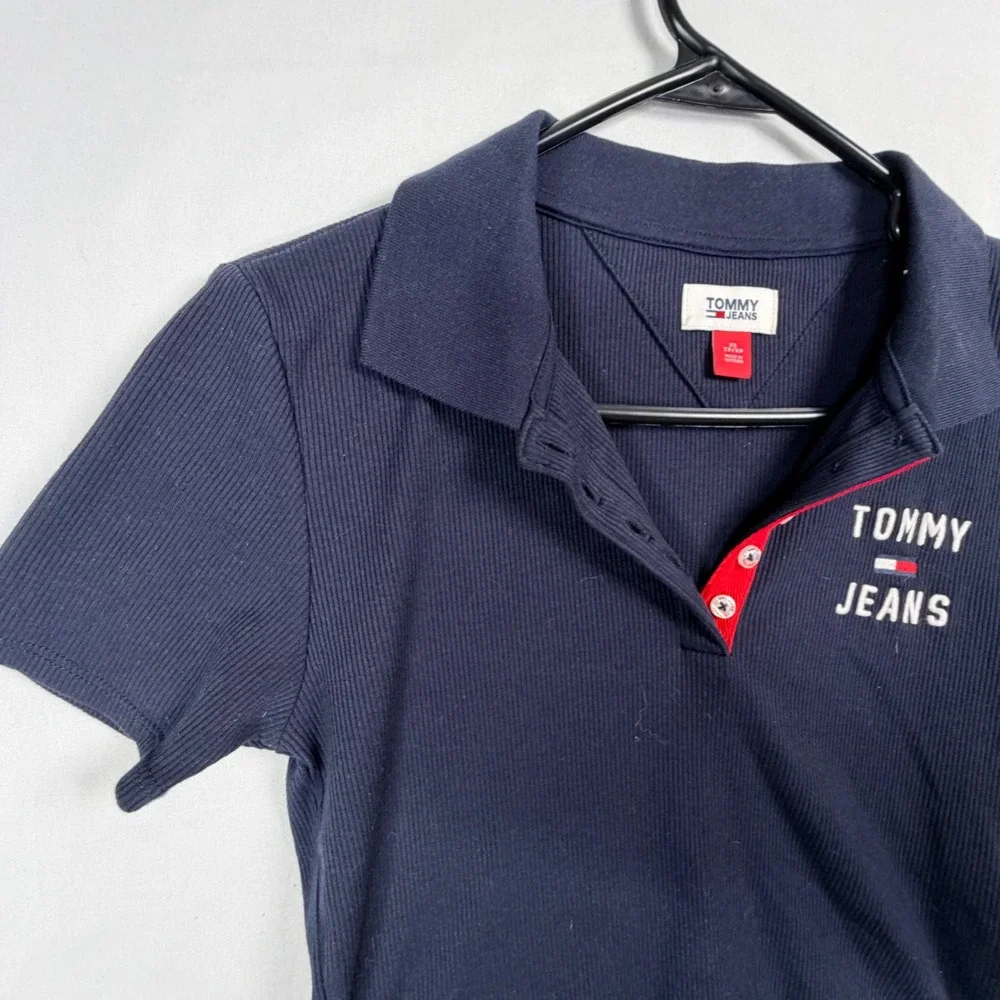 Tommy Jeans Womens Navy Blue Ribbed Cropped Polo Shirt XS Embroidered Logo